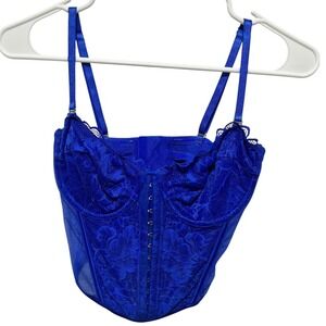 Primark Women Bustier 32D Blue Lace Underwire Corset Top Coquette PinUp Romantic